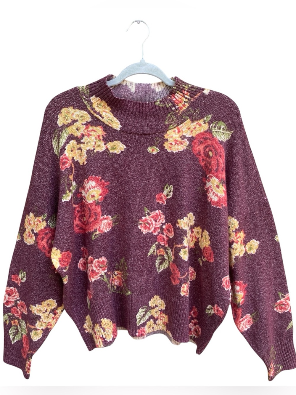 Lauren Conrad NWT Mock Neck Floral Long Sleeve Sweater Burgundy Womens Size XXL